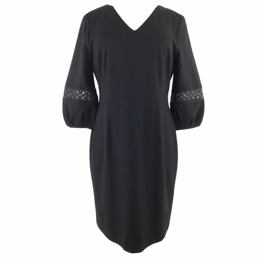 Talbots Black Lace Poof 3/4 Sleeve V-Neck Ponte Knit Sheath Dress Sz XL Classic